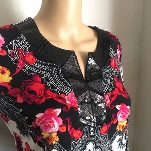 MJ Collections Women’s Size SP Floral Sequin Blouse Top Shirt Long Sleeve